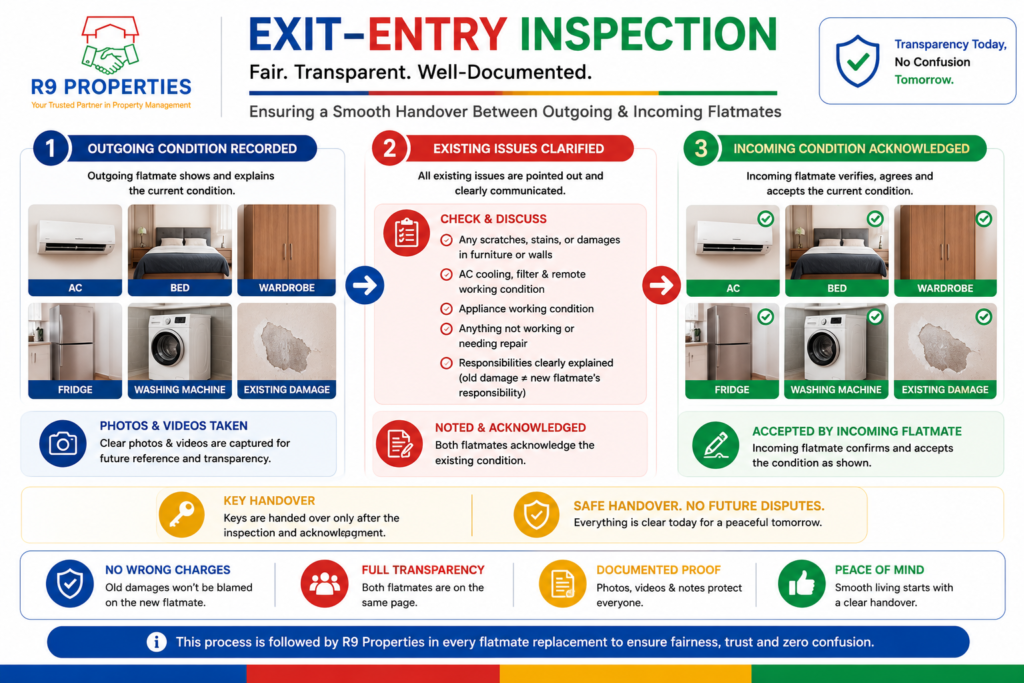 Exit-entry inspection process for flatmate replacement in Mumbai by R9 Properties